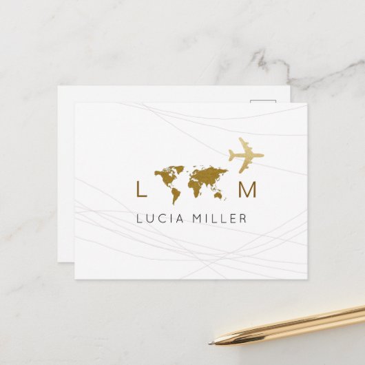 Reiseflugzeug Weltkarte weiß Feiertagspostkarte (Vorderseite/Rückseite Beispiel)