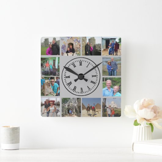 Reisefoto Collage Grau Hintergrund Quadratische Wanduhr (Zuhause)