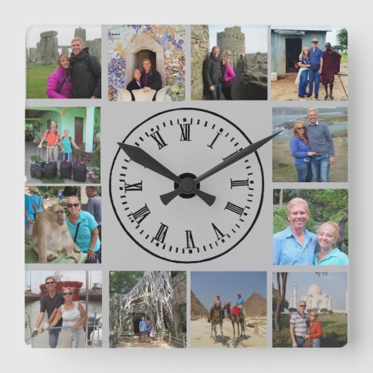 Reisefoto Collage Grau Hintergrund Quadratische Wanduhr (Vorderseite)