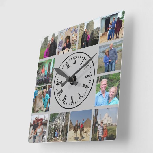 Reisefoto Collage Grau Hintergrund Quadratische Wanduhr (Winkel)