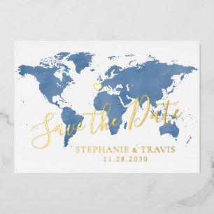 Reisehochzeit Weltkarte Blau Save the Date F Folieneinladung