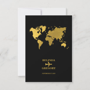 Reisehochzeit Weltpass Schwarz Gold RSVP Karte