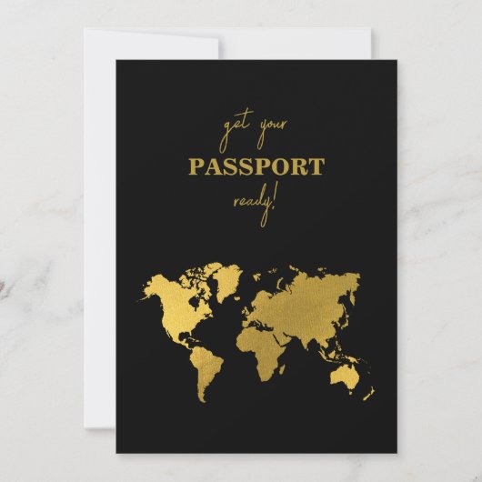 Reisehochzeit Weltpass Schwarz Gold Save The Date (Vorderseite)
