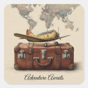 Reiseillustration im Vintage-Stil mit einem Flugze Quadratischer Aufkleber