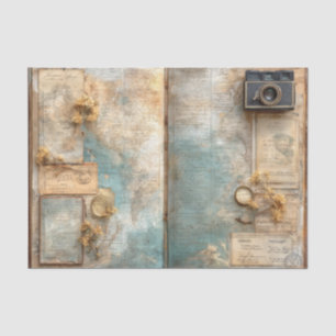 Reisejournal mit Vintage-Weltkarte und antiker Kam Seidenpapier