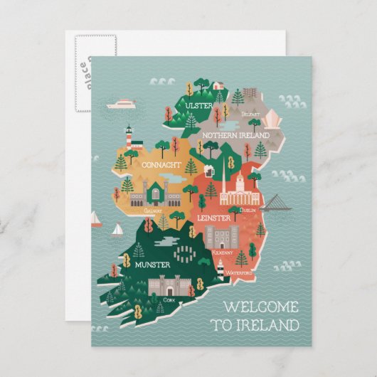 Reisekarte Irlands | Sehenswürdigkeiten und Städte Postkarte (Vorne/Hinten)