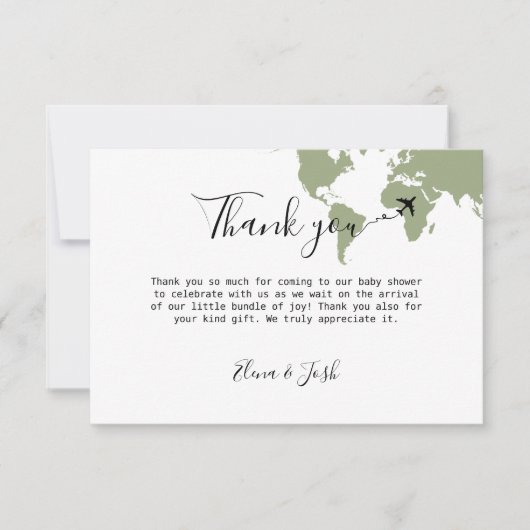 Reisemagazin Baby Shower World Map Sage Green Dankeskarte (Vorderseite)