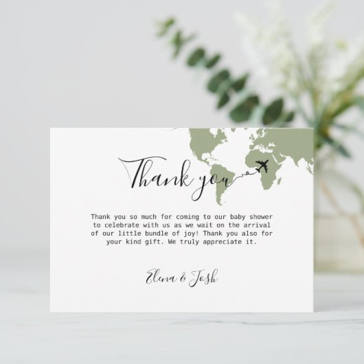 Reisemagazin Baby Shower World Map Sage Green Dankeskarte (Stehend Vorderseite)