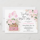 Reisen Brautparty Vintager Koffer Rosa Bläschen Einladung (Vorderseite)