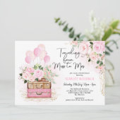 Reisen Brautparty Vintager Koffer Rosa Bläschen Einladung (Stehend Vorderseite)