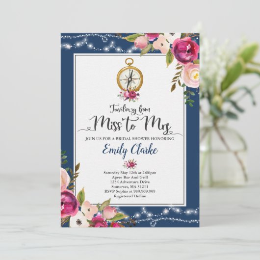 Reisen von Miss nach Brautparty Einladung (Stehend Vorderseite)