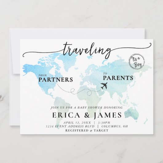 Reisen von Partner zu Eltern Map Baby Shower Einladung (Vorderseite)