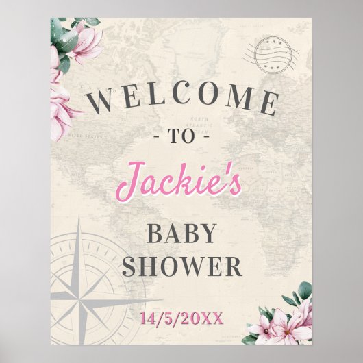 Reisen Weltkarte Pink Floral Baby Dusche Willkomme Poster (Vorne)