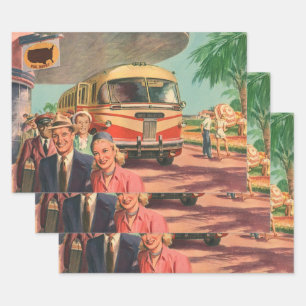 Reisende auf Urlaub am Busbahnhof in alter Zeit Geschenkpapier Set