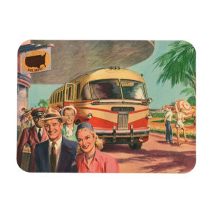 Reisende auf Urlaub am Busbahnhof in nostalgischer Magnet