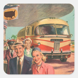 Reisende auf Urlaub am Busbahnhof in nostalgischer Quadratischer Aufkleber