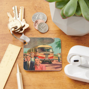 Reisende aus der Vintage-Ära auf Urlaub am Busbahn Schlüsselanhänger