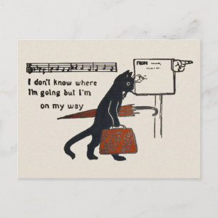 Reisende schwarze Katze im Vintage-Stil auf einer Postkarte