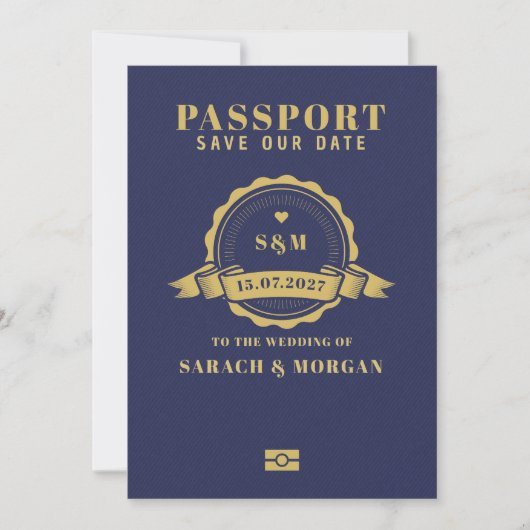 Reisepass Zielort Hochzeit Monogramm  Save The Date (Vorderseite)