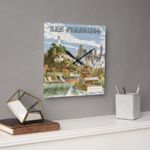 Reiseplakat für die Bucht von San Francisco mit Fä Quadratische Wanduhr