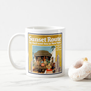 Reiseplakat für die Sunset Route auf Schiene und S Kaffeetasse