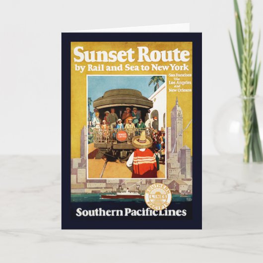 Reiseplakat für die Sunset Route mit Bahn und Schi Karte (Vorderseite)