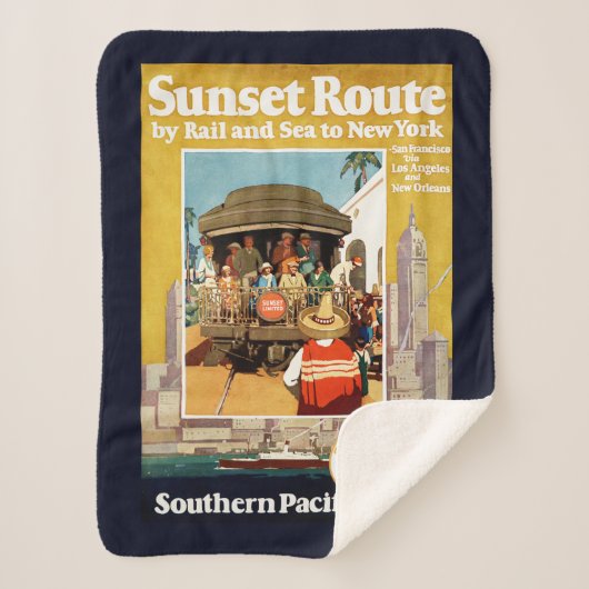 Reiseplakat für die Sunset Route mit Bahn und Schi Sherpadecke (Vorderseite)