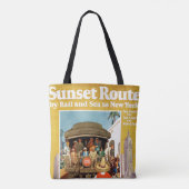 Reiseplakat für die Sunset Route mit Bahn und Schi Tasche (Rückseite)