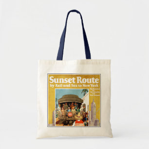 Reiseplakat für die Sunset Route mit Bahn und Schi Tragetasche