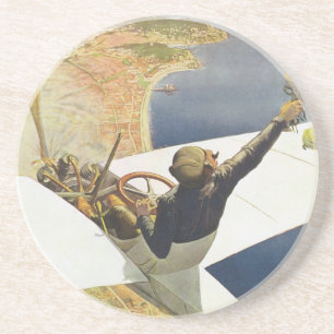 Reiseplakat im Vintage-Stil, Flugzeug über Nizza F Sandstein Untersetzer
