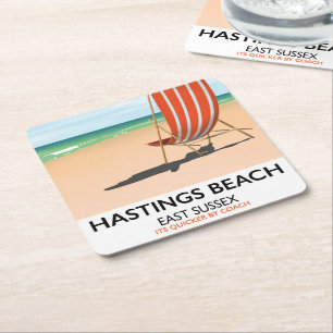 Reiseplakat im Vintage-Stil für Hastings Beach, Ea Rechteckiger Pappuntersetzer