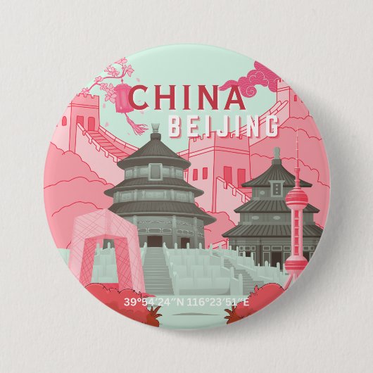 Reiseplakat Peking China | Mintgrün, Rosa Kunst Button (Vorderseite)