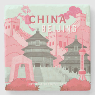 Reiseplakat Peking China Mintgrün, Rosa Kunst Steinuntersetzer