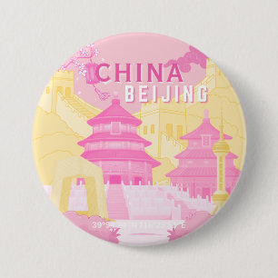 Reiseplakat Peking China   Rosa & Gelbe Kunst Button