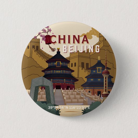 Reiseplakat Peking China | Vintage-Illustration Button (Vorderseite)