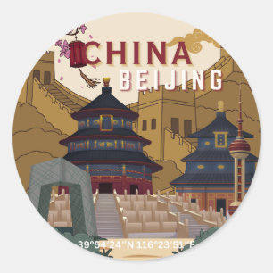 Reiseplakat Peking China Vintage-Illustration Runder Aufkleber