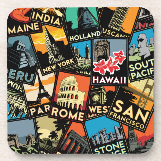 Reiseplakate retro Vintages Europa Asien USA Getränkeuntersetzer