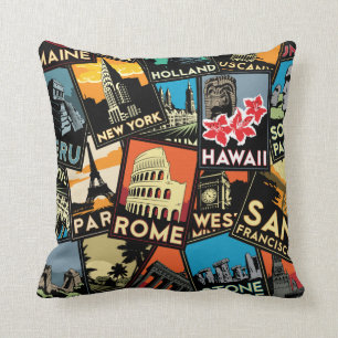 Reiseplakate retro Vintages Europa Asien USA Kissen