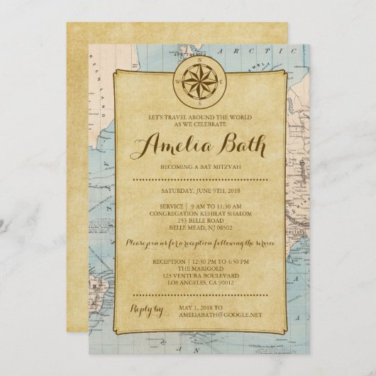 Reiseplan Bat Mitzvah Einladung (Vorne/Hinten)