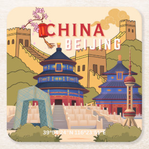 Reiseposter Peking China   Asiatische Stadt-Wandku Rechteckiger Pappuntersetzer