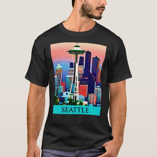 Reiseposter von Seattle unter einem Morgenhimmel T-Shirt (Vorderseite)