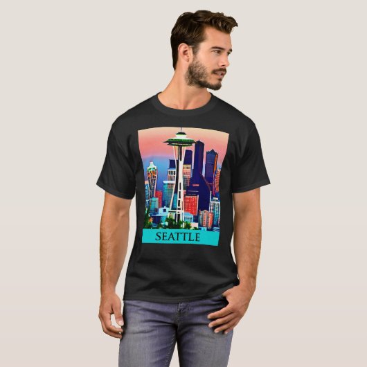 Reiseposter von Seattle unter einem Morgenhimmel T-Shirt (Vorne ganz)