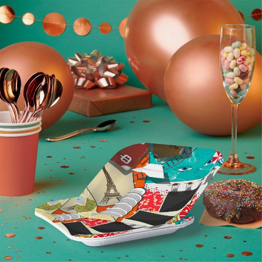 Reiserollage mit Ikonischen Sehenswürdigkeiten Url Pappteller