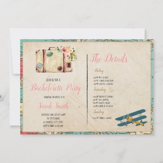 Reisethema bachelorette mit ReiseParty tem Einladung (Vorderseite)