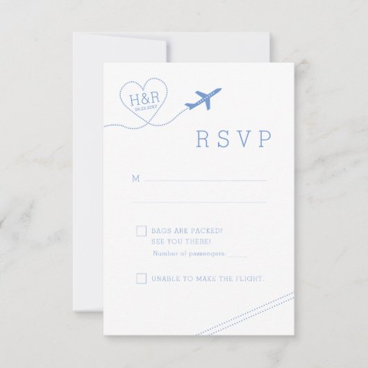 Reisethema Blue Airplane Minimalistisches Herz RSVP Karte (Vorderseite)