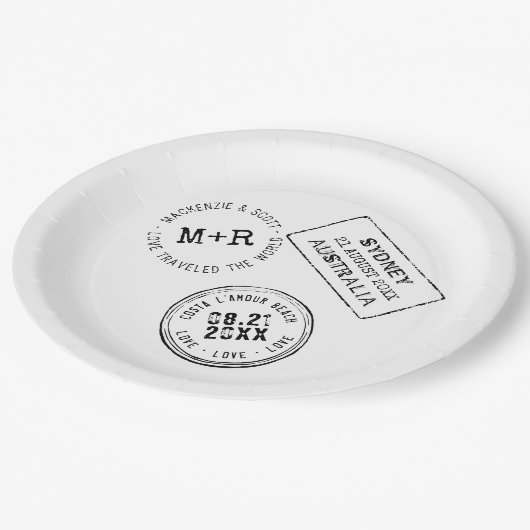 Reisethemenpassagier Briefmarke Custom Wedding Pappteller (Schrägansicht)