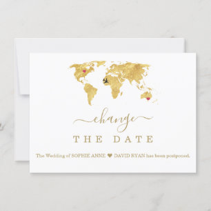 Reiseziel Gold Weltkarte Hochzeit Datum geändert Save The Date