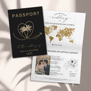 Reiseziel-Hochzeit mit Palme-Pass Weltkarte Einladung