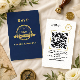 Reiseziel-Hochzeit mit Reisepass-Monogramm-RSVP-QR Begleitkarte