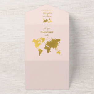 Reiseziel Hochzeit Welt Reisepass Rosa Gold All In One Einladung